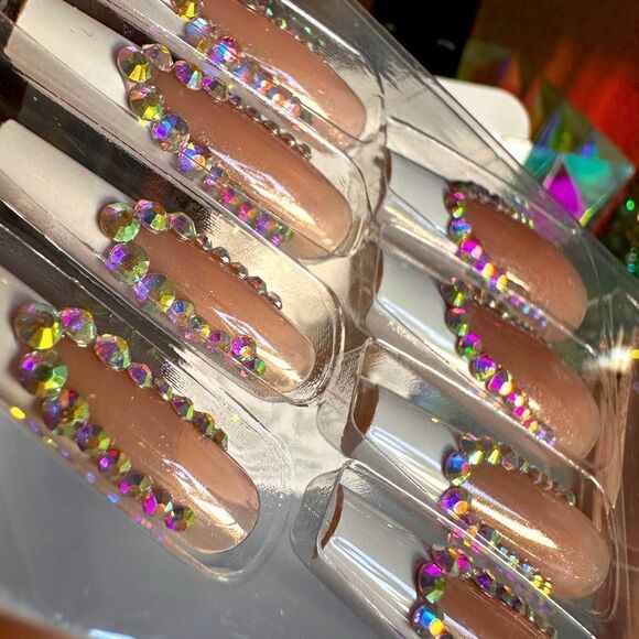 24pcs Glossy Coffin French Nude Ballerina PressOn Nails & Crystal Embell… - Picture 1 of 17